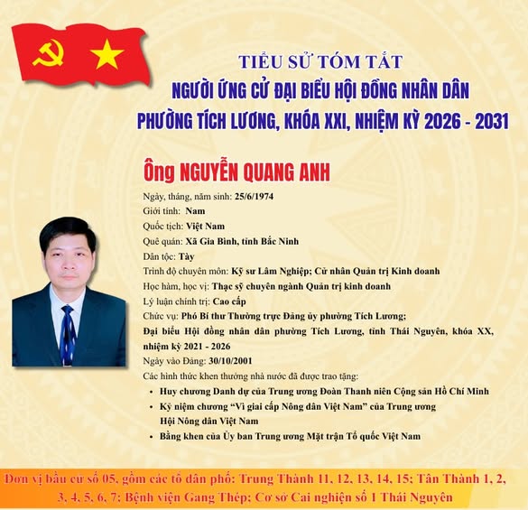 TIỂU SỬ VÀ TÓM TẮT QUÁ TRÌNH CÔNG TÁC CỦA ĐỒNG CHÍ NGUYỄN QUANG ANH, PHÓ BÍ THƯ THƯỜNG TRỰC ĐẢNG ỦY PHƯỜNG TÍCH LƯƠNG, TỈNH THÁI NGUYÊN 