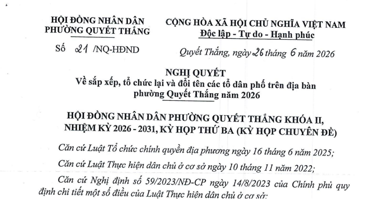 Nghị quyết về sắp xếp, tổ chức lại và đổi tên các tổ dân phố trên địa bàn phường Quyết Thắng năm 2026