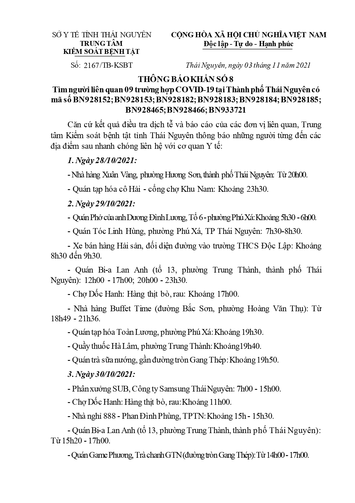 THÔNG BÁO KHẨN SỐ 8