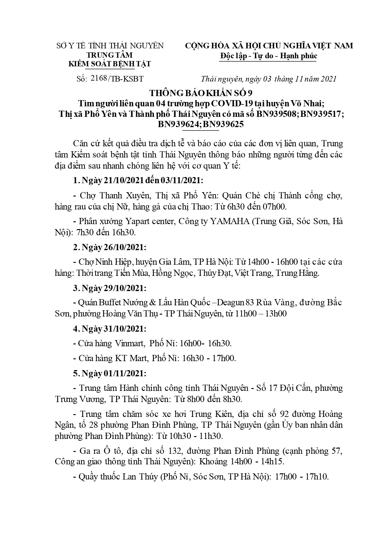 THÔNG BÁO KHẨN SỐ 9