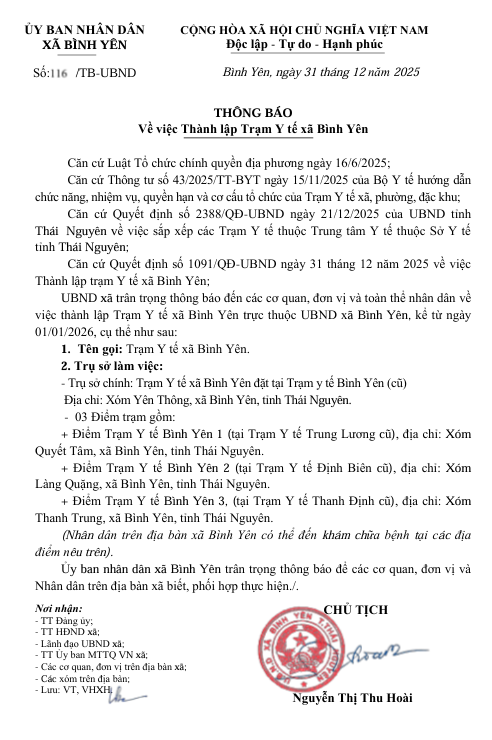THÔNG BÁO  Về việc Thành lập Trạm Y tế xã Bình Yên 
