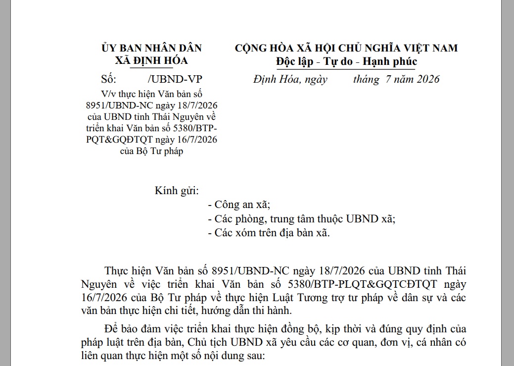 Thực hiện Văn bản số 8951/UBND-NC ngày 18/7/2026 của UBND tỉnh Thái Nguyên về triển khai Văn bản số 5380/BTPPQT&amp;GQĐTQT ngày 16/7/2026 của Bộ Tư pháp