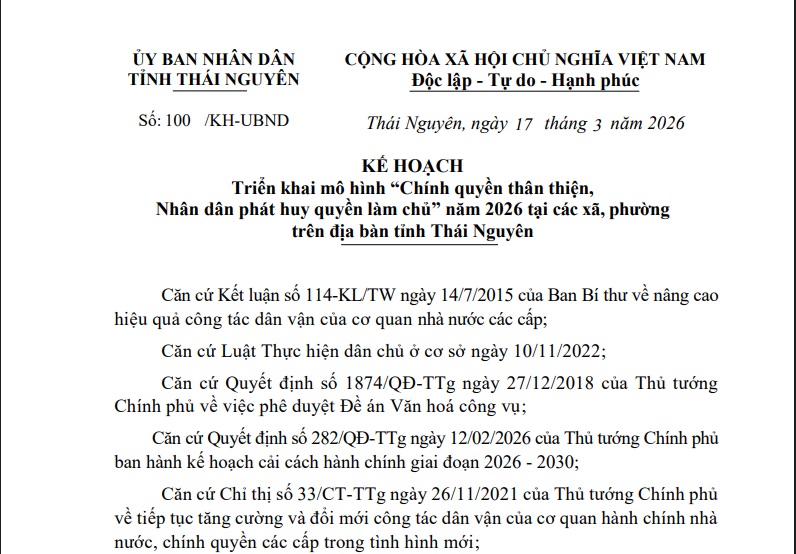 Triển khai mô hình “Chính quyền thân thiện, Nhân dân phát huy quyền làm chủ” năm 2026 tại các xã, phường trên địa bàn tỉnh Thái Nguyên