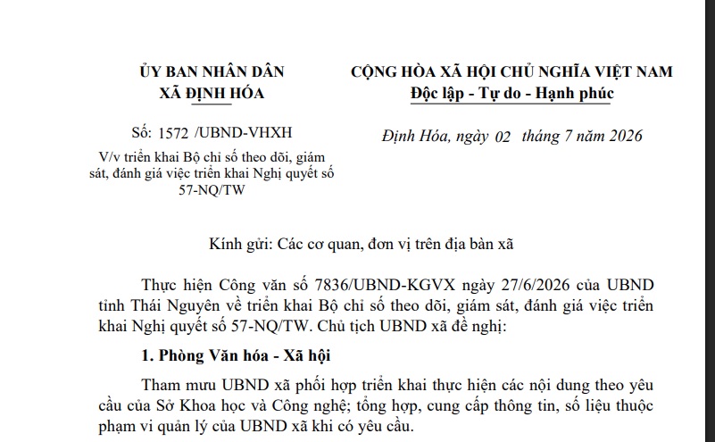 Triển khai Bộ chỉ số theo dõi, giám sát, đánh giá việc triển khai Nghị quyết số 57-NQ/TW