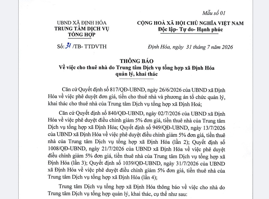 Thông báo cho thuê nhà do Trung tâm dịch vụ tổng hợp xã Định Hóa quản lý, khai thác (lần 4)