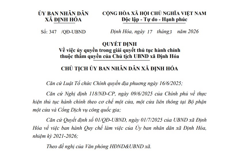 Ủy quyền trong giải quyết thủ tục hành chính thuộc thẩm quyền của Chủ tịch UBND xã Định Hóa