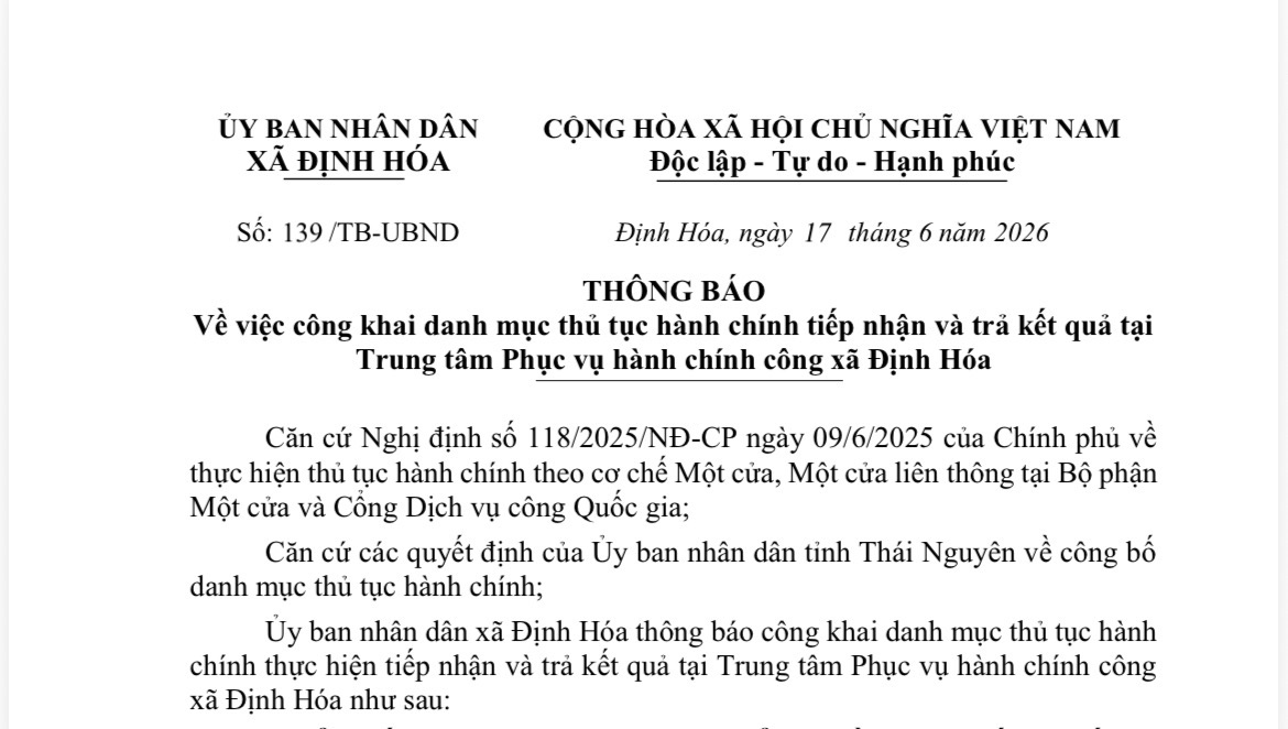 Thông báo Về việc công khai danh mục thủ tục hành chính tiếp nhận và trả kết quả tại Trung tâm Phục vụ hành chính công xã Định Hóa
