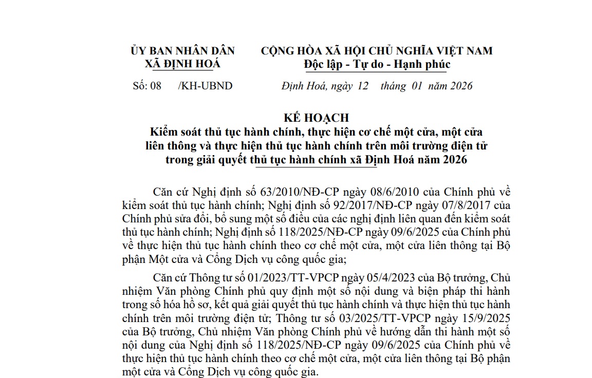 Kiểm soát thủ tục hành chính, thực hiện cơ chế một cửa, một cửa liên thông và thực hiện thủ tục hành chính trên môi trường điện tử trong giải quyết thủ tục hành chính xã Định Hoá năm 2026