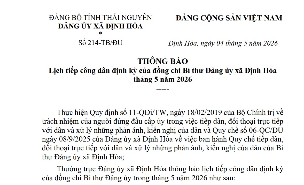 Thông báo Lịch tiếp công dân định kỳ của đồng chí Bí thư Đảng ủy xã Định Hóa tháng 5 năm 2026