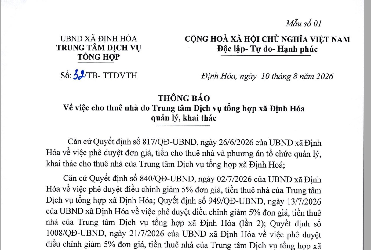Thông báo về việc cho thuê nhà do Trung tâm Dịch vụ tổng hợp xã Định Hóa quản lý, khai thác  (lần 5)