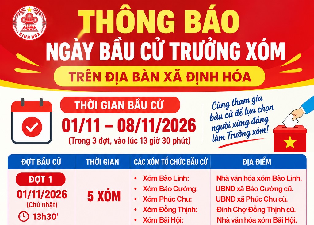 Thông báo thời gian, địa điểm tổ chức bầu cử tại 14 xóm trên địa bàn xã Định Hóa
