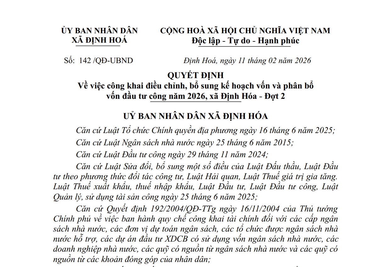 Quyết định về việc công khai điều chỉnh, bổ sung kế hoạch vốn và phân bổ vốn đầu tư công năm 2026, xã Định Hóa - Đợt 2