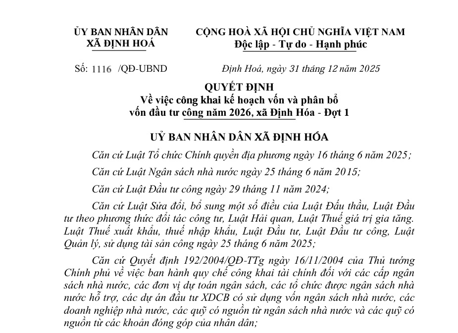 Quyết định Về việc công khai kế hoạch vốn và phân bổ vốn đầu tư công năm 2026, xã Định Hóa - Đợt 1 