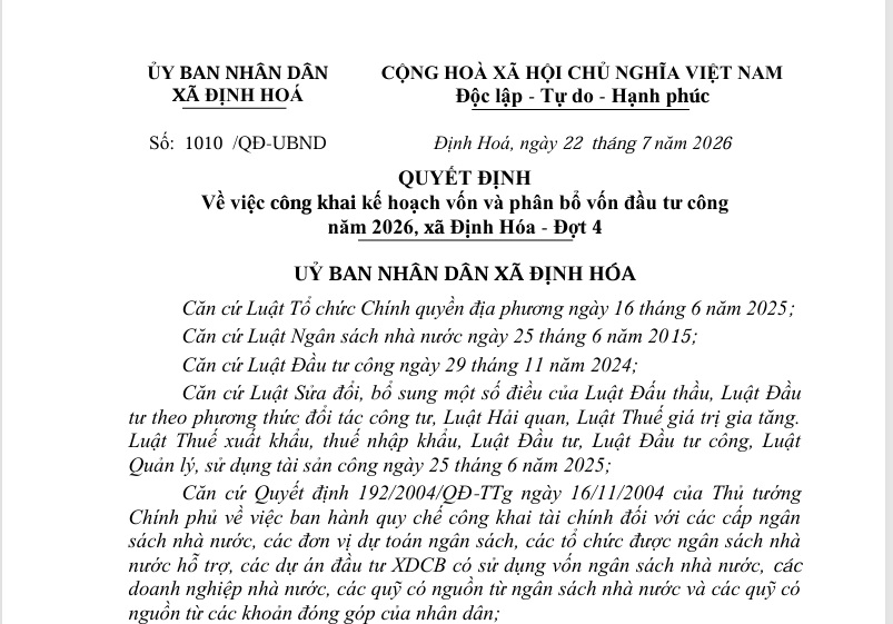 Quyết định Về việc công khai kế hoạch vốn và phân bổ vốn đầu tư công năm 2026, xã Định Hóa - Đợt 4