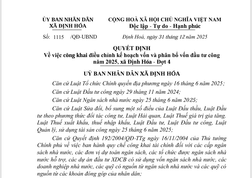 Quyết định Về việc công khai điều chỉnh kế hoạch vốn và phân bổ vốn đầu tư công năm 2025, xã Định Hóa - Đợt 4 
