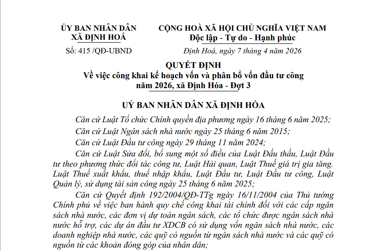 Quyết định Về việc công khai kế hoạch vốn và phân bổ vốn đầu tư công năm 2026, xã Định Hóa - Đợt 3