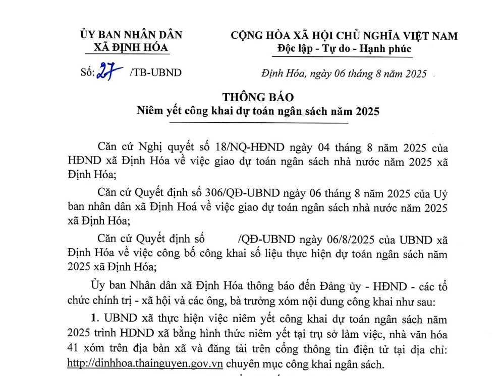 Thông báo số 27/TB-UBND ngày 06/8/2025 về việc Niêm yết công khai dự toán ngân sách năm 2025