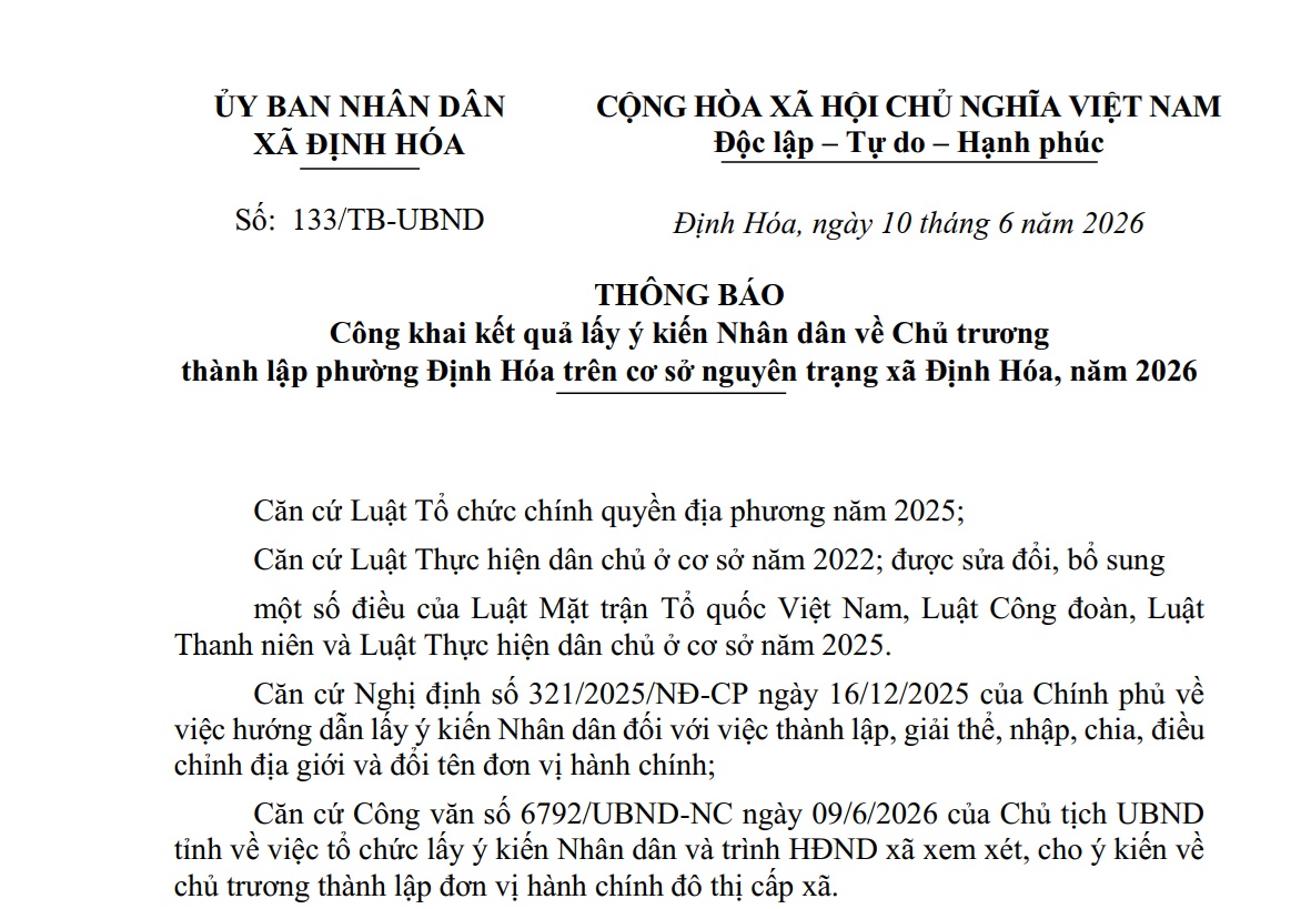 Thông báo công khai kết quả lấy ý kiến Nhân dân về Chủ trương thành lập phường Định Hóa trên cơ sở nguyên trạng xã Định Hóa, năm 2026