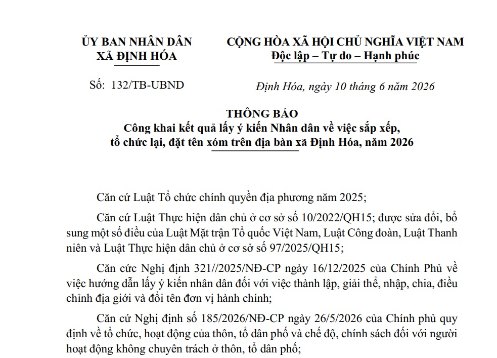 Thông báo công khai kết quả lấy ý kiến Nhân dân về việc sắp xếp, tổ chức lại, đặt tên xóm trên địa bàn xã Định Hóa, năm 2026