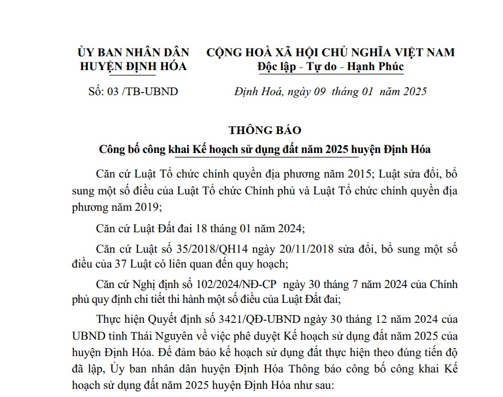 Thông báo số 03 /TB-UBND Công bố công khai Kế hoạch sử dụng đất năm 2025 huyện Định Hóa