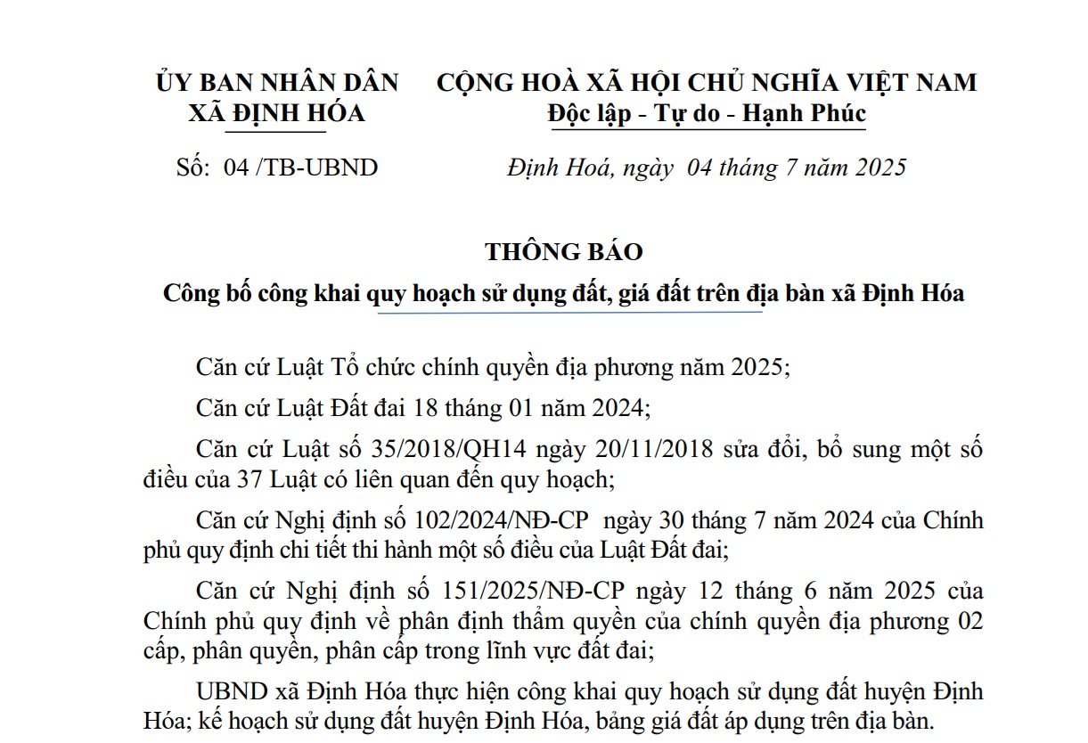 Thông báo số 04/TB-UBND Công bố công khai quy hoạch sử dụng đất, giá đất trên địa bàn xã Định Hóa
