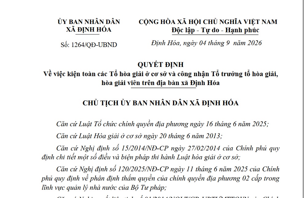Kiện toàn các Tổ hòa giải ở cơ sở và công nhận Tổ trưởng tổ hòa giải, hòa giải viên trên địa bàn xã Định Hóa