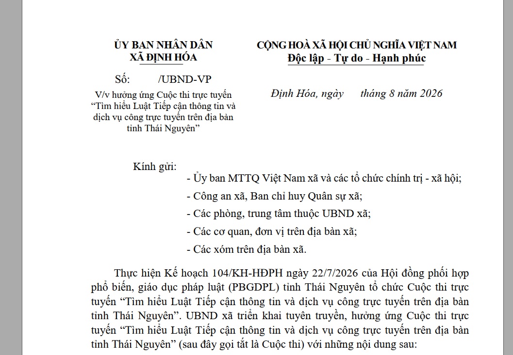 Hưởng ứng Cuộc thi trực tuyến “Tìm hiểu Luật Tiếp cận thông tin và dịch vụ công trực tuyến trên địa bàn tỉnh Thái Nguyên”
