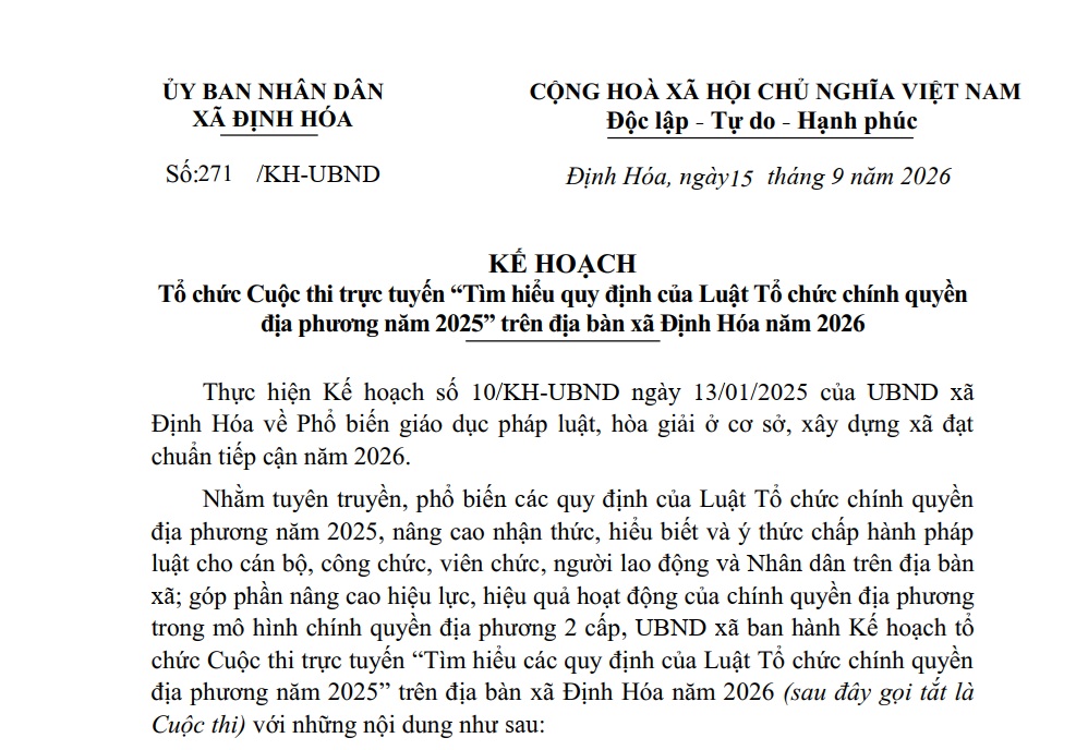 Kế hoạch Tổ chức Cuộc thi trực tuyến “Tìm hiểu quy định của Luật Tổ chức chính quyền địa phương năm 2025” trên địa bàn xã Định Hóa năm 2026