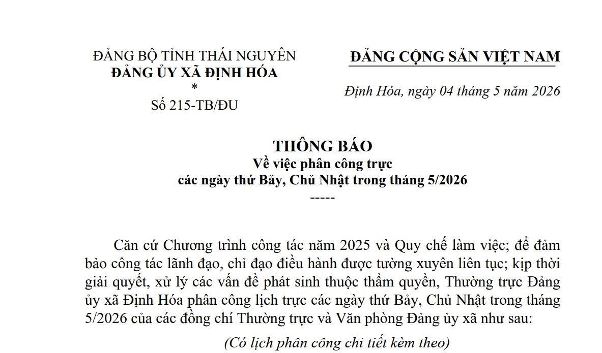 Thông báo Về việc phân công trực các ngày thứ Bảy, Chủ Nhật trong tháng 5/2026