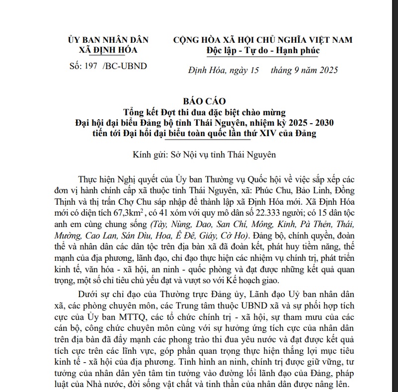 Báo cáo tổng kết Đợt thi đua đặc biệt chào mừng Đại hội đại biểu Đảng bộ tỉnh Thái Nguyên, nhiệm kỳ 2025 - 2030 tiến tới Đại hổi đại biểu toàn quốc lần thứ XIV của Đảng