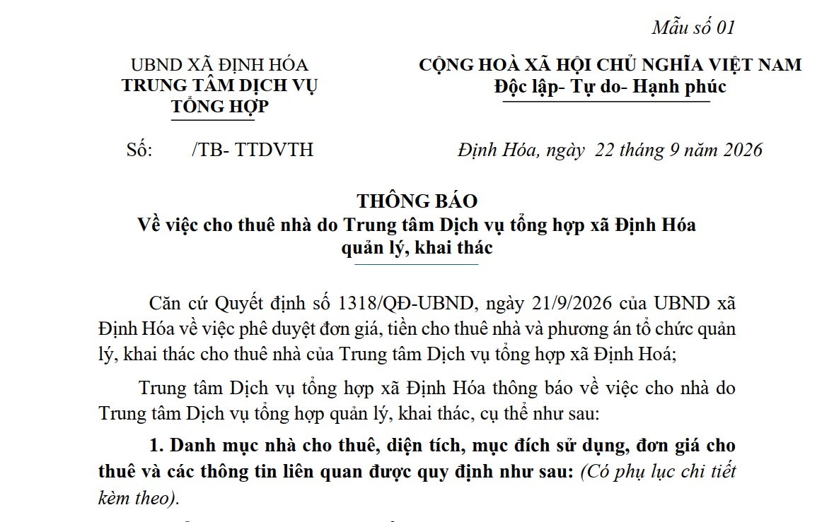 Thông báo Về việc cho thuê nhà do Trung tâm Dịch vụ tổng hợp xã Định Hóa quản lý, khai thác