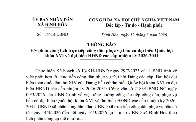 Phân công lịch trực tiếp công dân phục vụ bầu cử đại biểu Quốc hội khóa XVI và đại biểu HĐND các cấp nhiệm kỳ 2026-2031 