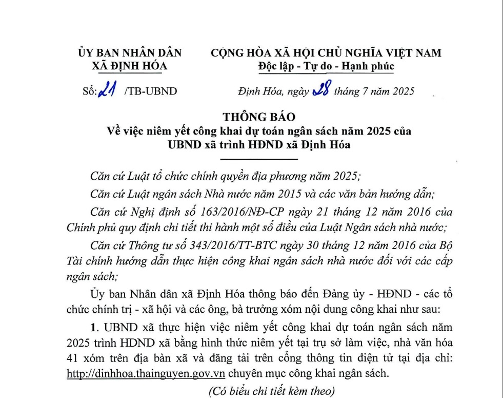 Thông báo số 21/TB-UBND ngày 27/8/2025 về việc niêm yết công khai dự toán ngân sách nhà nước năm 2025 của UBND xã trình HĐND xã Định Hoá