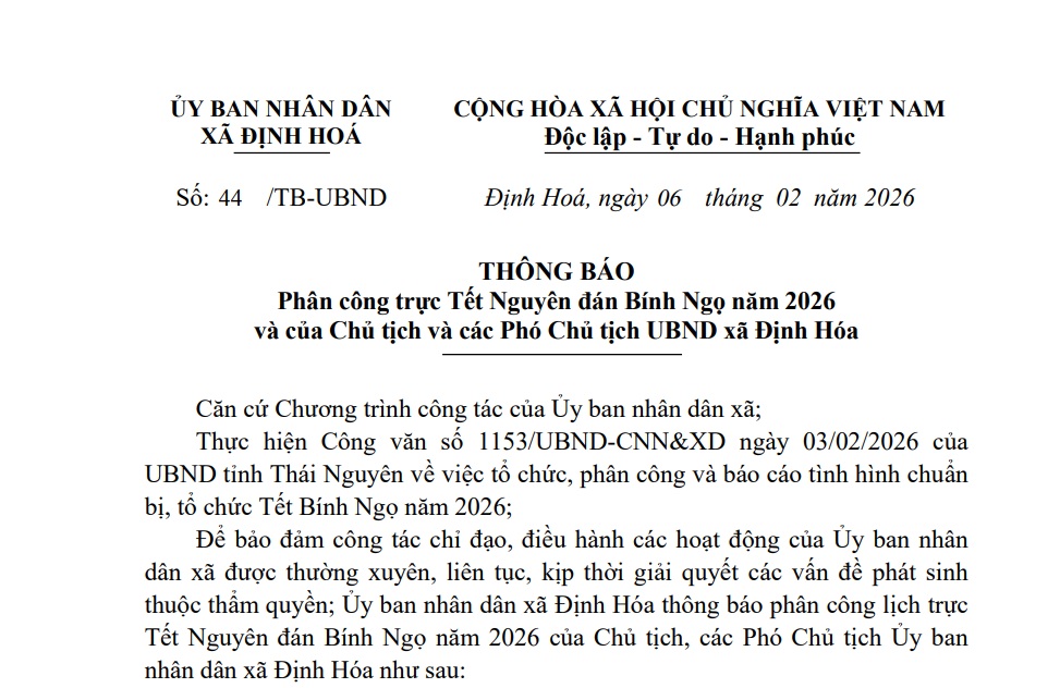 Thông báo phân công trực Tết Nguyên đán Bính Ngọ năm 2026 và của Chủ tịch và các Phó Chủ tịch UBND xã Định Hóa