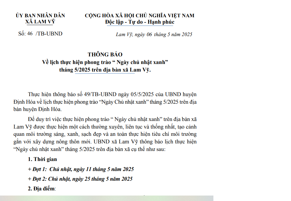 Thông báo Về lịch thực hiện phong trào “ Ngày chủ nhật xanh” tháng 5/2025 trên địa bàn xã Lam Vỹ.