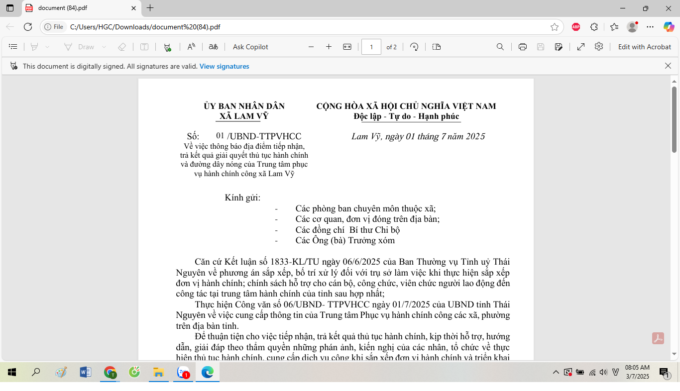 Về việc thông báo địa điểm tiếp nhận,  trả kết quả giải quyết thủ tục hành chính  và đường dây nóng của Trung tâm phục  vụ hành chính công xã Lam Vỹ