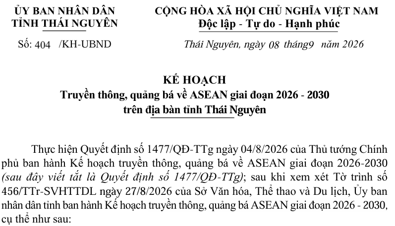 KẾ HOẠCH  Truyền thông, quảng bá về ASEAN giai đoạn 2026 - 2030  trên địa bàn tỉnh Thái Nguyên 