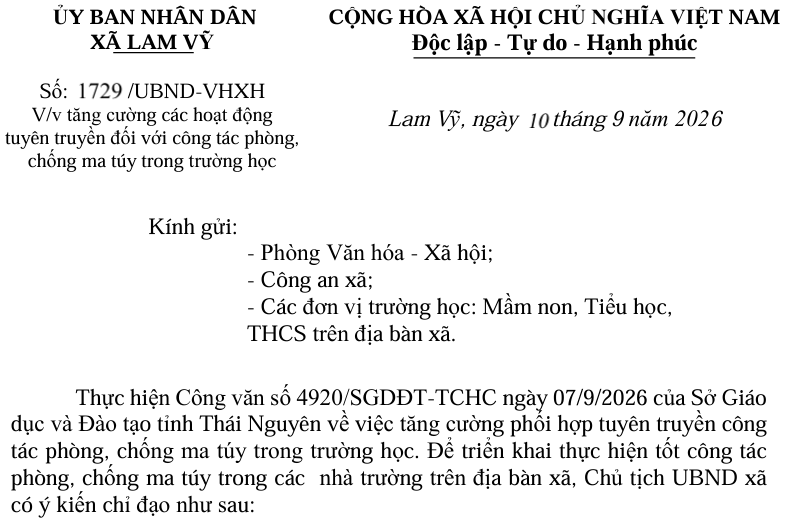 V/v tăng cường các hoạt động  tuyên truyền đối với công tác phòng,  chống ma túy trong trường học 