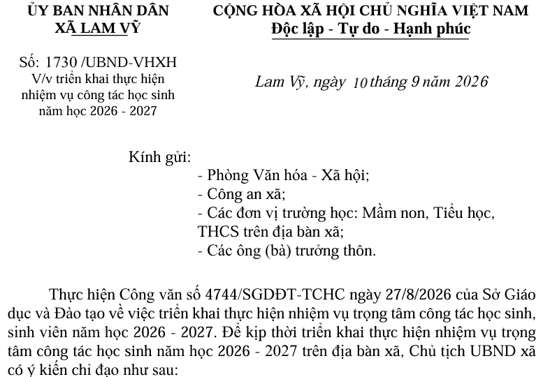 V/v triển khai thực hiện  nhiệm vụ công tác học sinh  năm học 2026 - 2027
