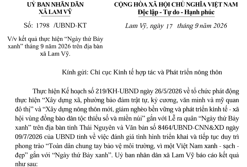 V/v kết quả thực hiện “Ngày thứ Bảy  xanh” tháng 9 năm 2026 trên địa bàn  xã Lam Vỹ. 