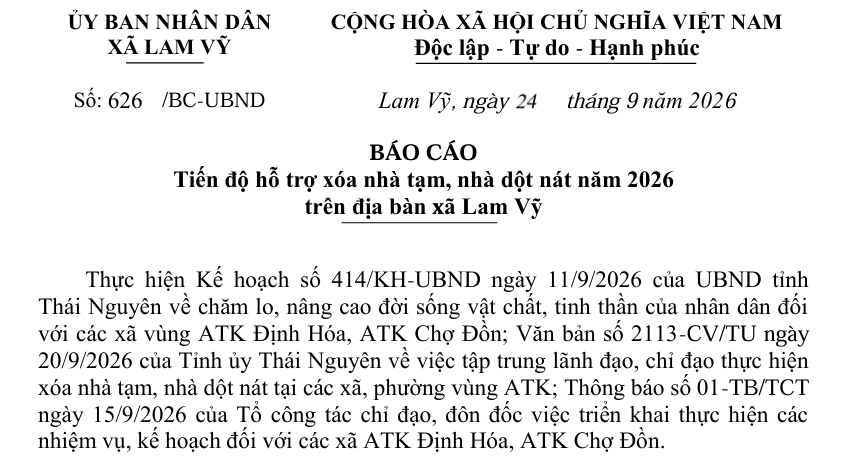 BÁO CÁO   tháng 9 năm 2026  Tiến độ hỗ trợ xóa nhà tạm, nhà dột nát năm 2026  trên địa bàn xã Lam Vỹ  