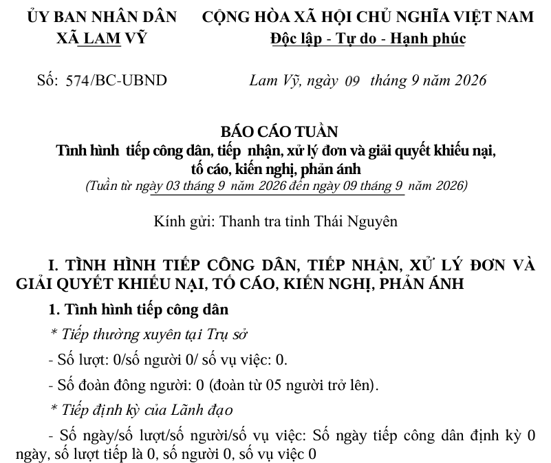 BÁO CÁO TUẦN  Tình hình  tiếp công dân, tiếp  nhận, xử lý đơn và giải quyết khiếu nại,   tố cáo, kiến nghị, phản ánh  (Tuần từ ngày 03 tháng 9  năm 2026 đến ngày 09 tháng 9  năm 2026) 