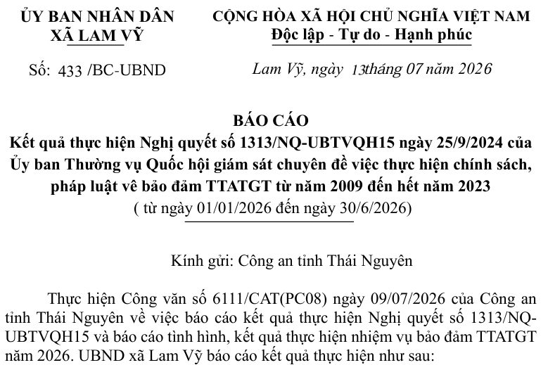 BÁO CÁO  Kết quả thực hiện Nghị quyết số 1313/NQ-UBTVQH15 ngày 25/9/2024 của  Ủy ban Thường vụ Quốc hội giám sát chuyên đề việc thực hiện chính sách,  pháp luật vê bảo đảm TTATGT từ năm 2009 đến hết năm 2023  ( từ ngày 01/01/2026 đến ngày 30/6/2026) 