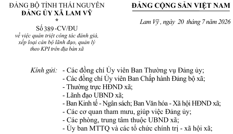 về việc quán triệt công tác đánh giá, xếp loại cán bộ lãnh đạo, quản lý theo KPI trên địa bàn xã