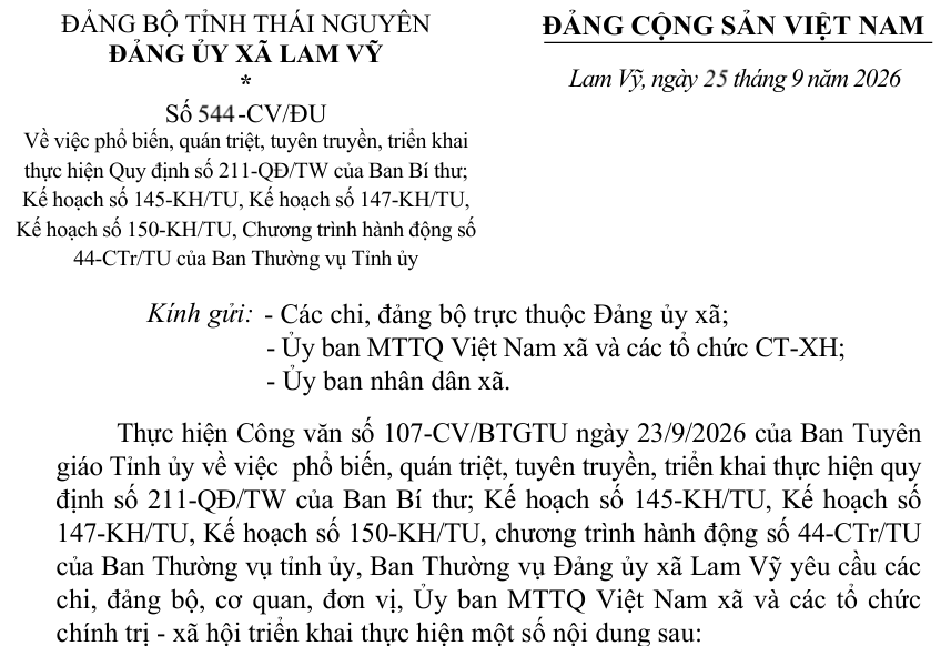 Về việc phổ biến, quán triệt, tuyên truyền, triển khai  thực hiện Quy định số 211-QĐ/TW của Ban Bí thư;  Kế hoạch số 145-KH/TU, Kế hoạch số 147-KH/TU,  Kế hoạch số 150-KH/TU, Chương trình hành động số  44-CTr/TU của Ban Thường vụ Tỉnh ủy