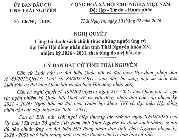 Công bố danh sách chính thức những người ứng cử đại biểu Hội đồng nhân dân tỉnh Thái Nguyên khóa XV, nhiệm kỳ 2026 - 2031, theo từng đơn vị bầu cử