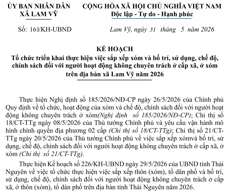 KẾ HOẠCH   Tổ chức triển khai thực hiện việc sắp xếp xóm và bố trí, sử dụng, chế độ,  chính sách đối với người hoạt động không chuyên trách ở cấp xã, ở xóm   trên địa bàn xã Lam Vỹ năm 2026 