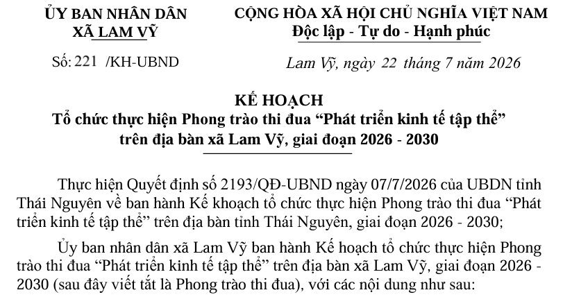 KẾ HOẠCH  Tổ chức thực hiện Phong trào thi đua “Phát triển kinh tế tập thể”   trên địa bàn xã Lam Vỹ, giai đoạn 2026 - 2030