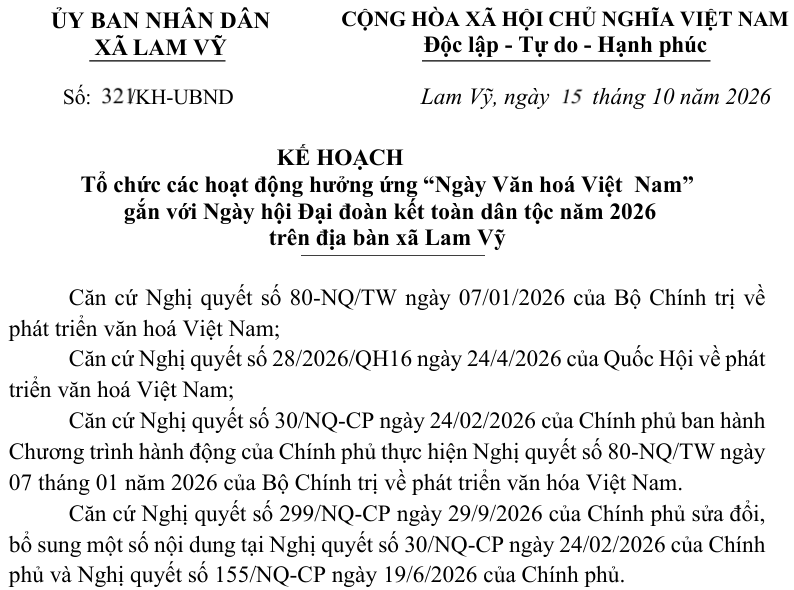 KẾ HOẠCH Tổ chức các hoạt động hưởng ứng “Ngày Văn hoá Việt  Nam” gắn với Ngày hội Đại đoàn kết toàn dân tộc năm 2026 trên địa bàn xã Lam Vỹ