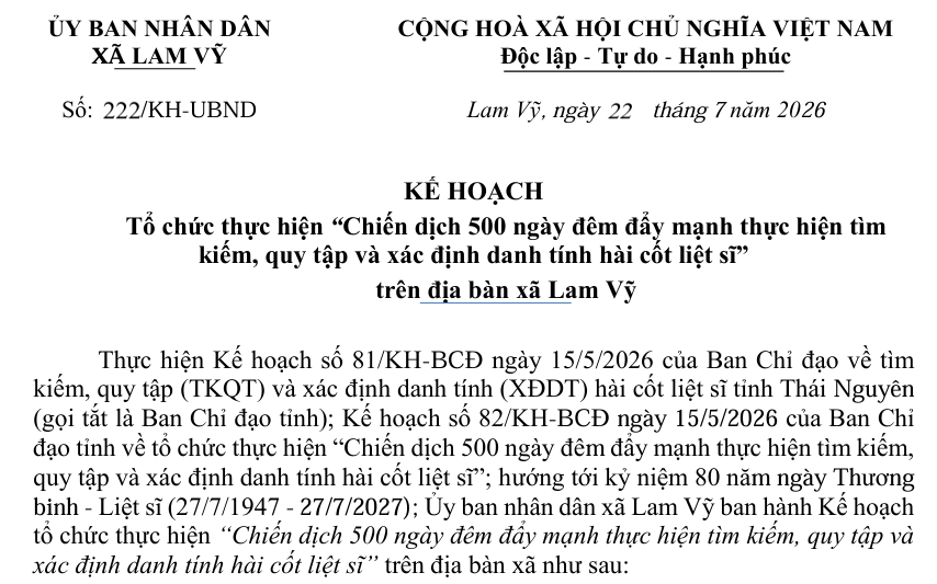 KẾ HOẠCH  tháng 7 năm 2026  Tổ chức thực hiện “Chiến dịch 500 ngày đêm đẩy mạnh thực hiện tìm  kiếm, quy tập và xác định danh tính hài cốt liệt sĩ”   trên địa bàn xã Lam Vỹ 